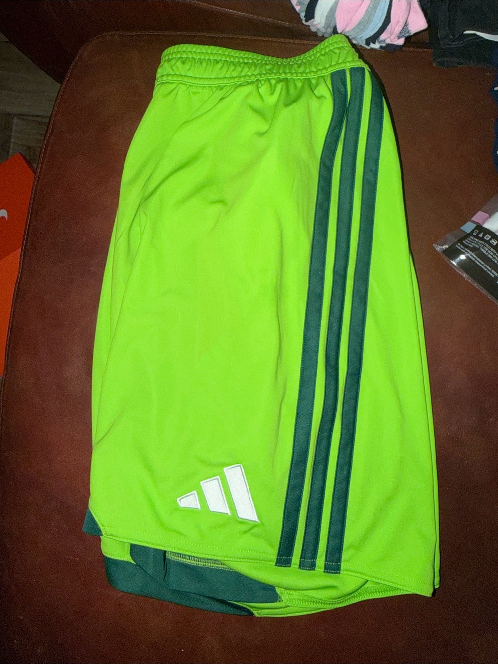 adidas Neon Green Men’s Athletic Shorts with Dark Green Stripes
